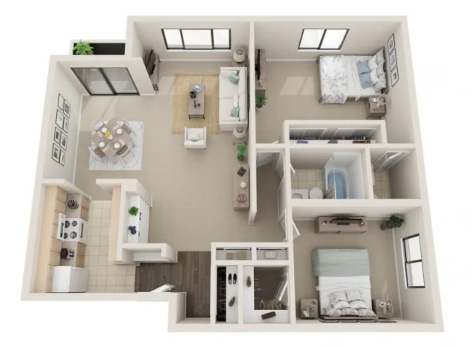 Floor plan for 2 beds, 1.5 baths, 900 sqft